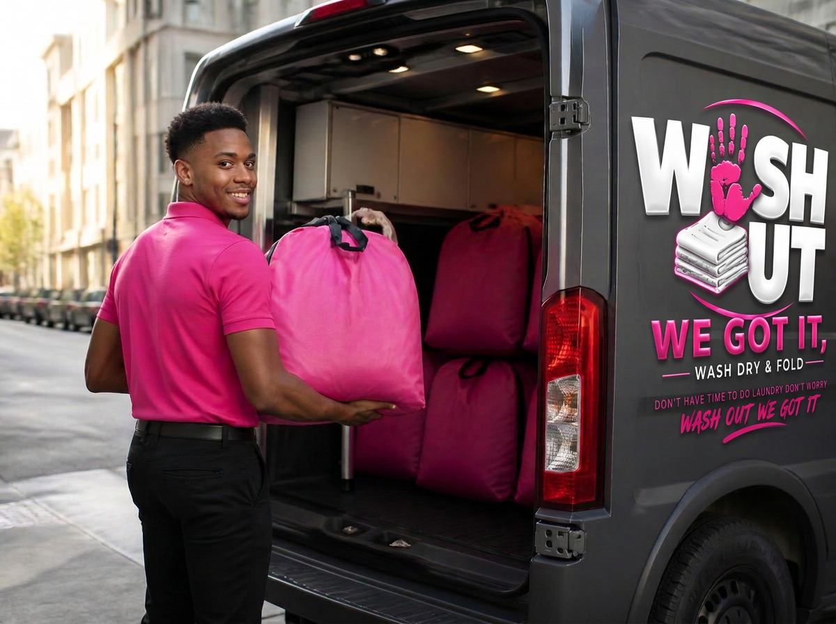 Wash Out driver loading pink laundry bags into the delivery van