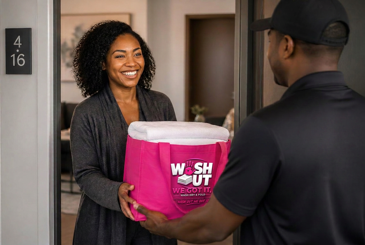 Customer receiving her freshly folded laundry from a Wash Out delivery driver